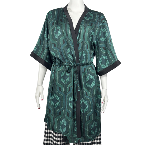 Siyah Yeşil Detaylı Saten Kimono Gecelik